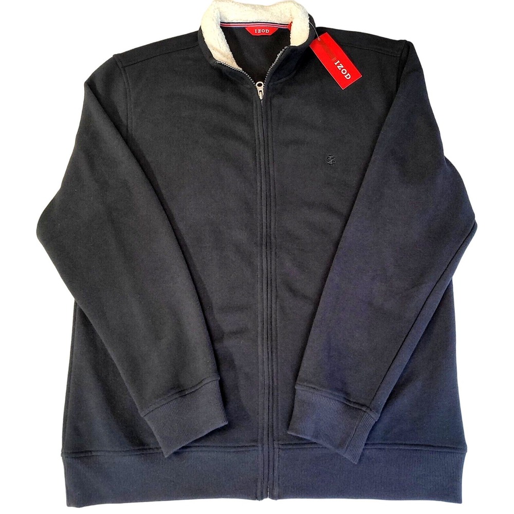 IZOD Men’s Fleece Full Zip Jacket M L Black Cotton Polyester Faux Fur Collar New